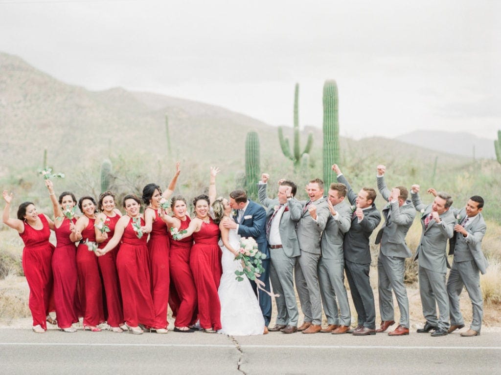 couple and bridal party photos at a desert wedding in Arizona