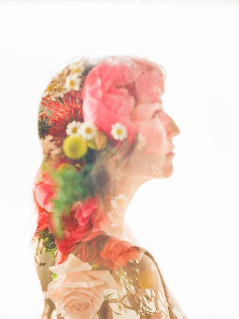double exposure on Portra 800 film of a bride and flowers