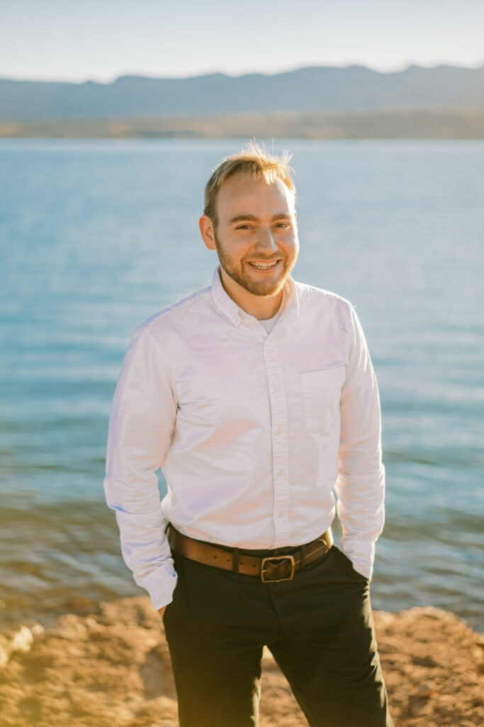 Portrait of a groom at an elopement on Lake Mead in Nevada.