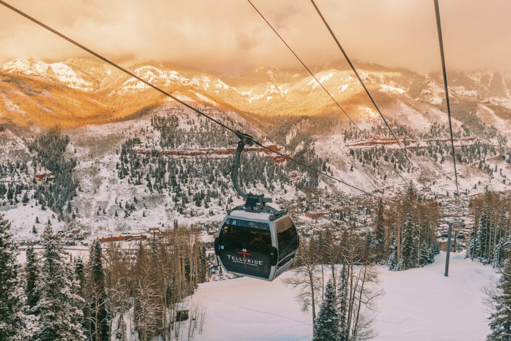 The free gondola in winter near Telluride, Colorado.