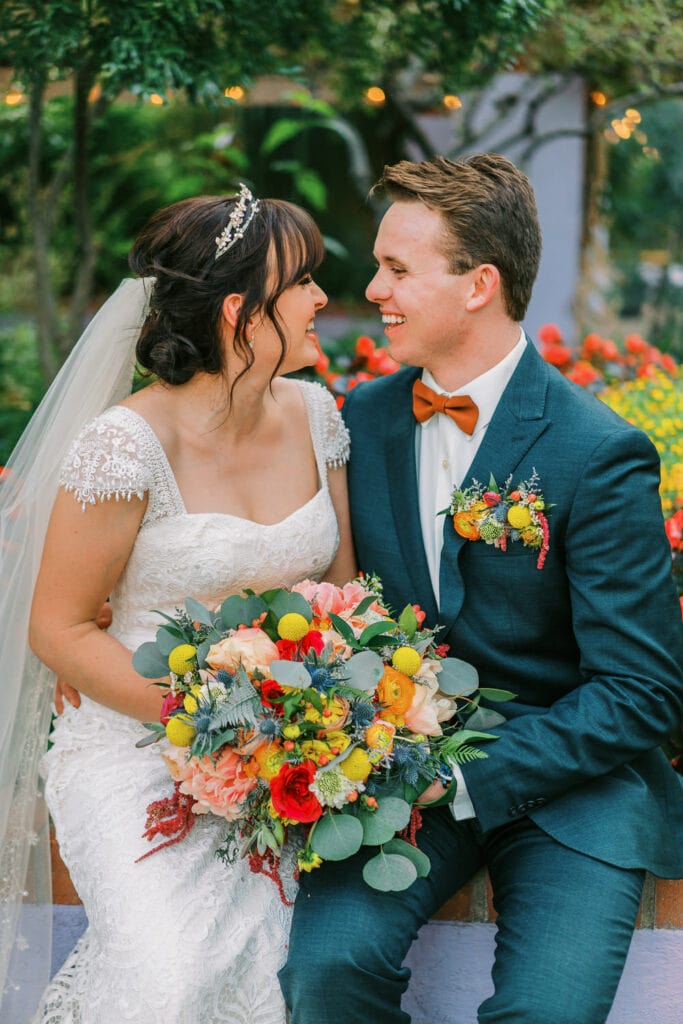 Bride and groom have a colorful wedding at the Tucson Botanical Gardens in Arizona.