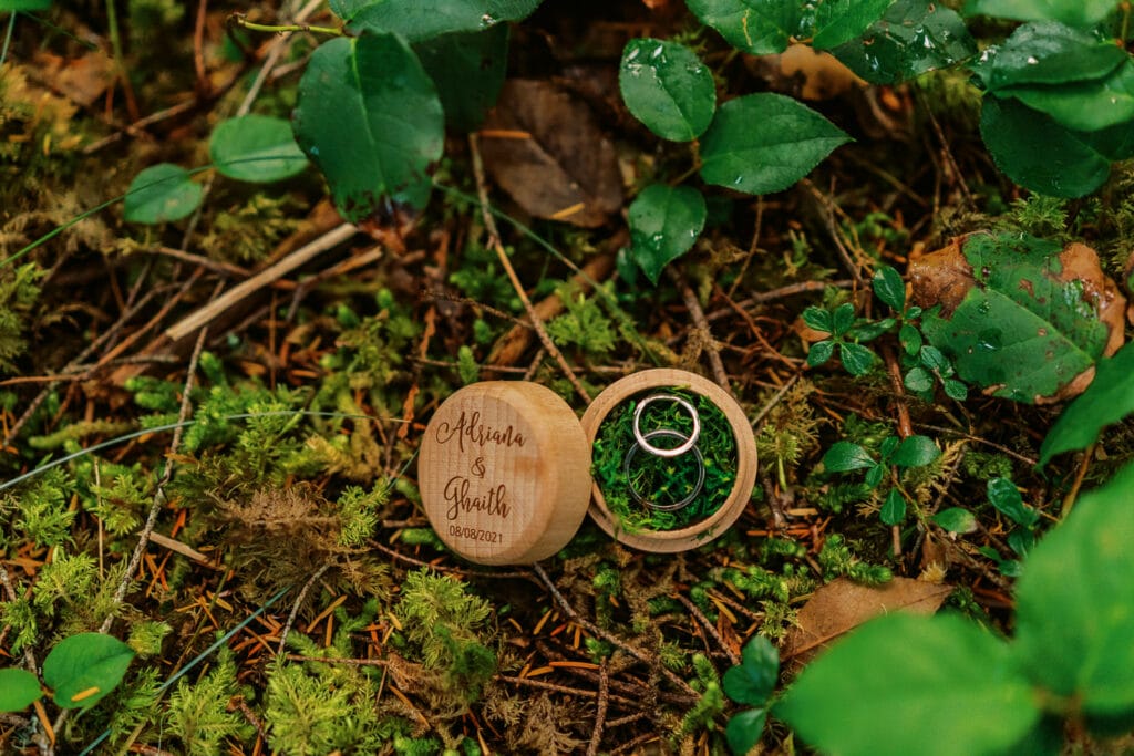 Bride and groom's rings surrounded by moss at their elopement in Olympic.