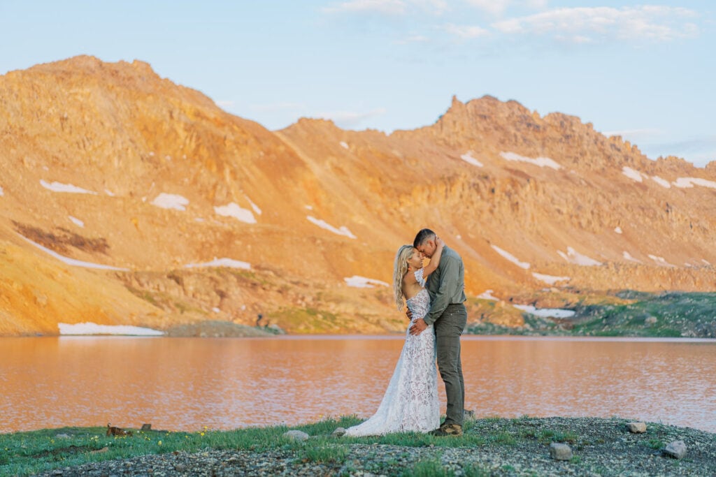 Bride and groom embrace during their elopement in Silverton in the mountains.