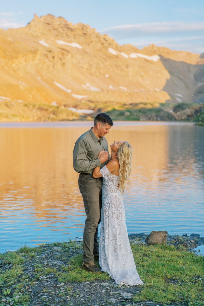 Bride and groom embrace at their elopement in Silverton, Colorado.