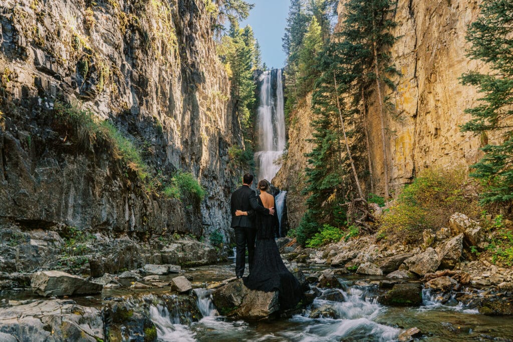 Elopement in western Colorado near Telluride at a waterfall in the mountains.