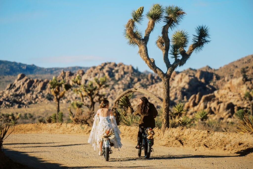 Bride and groom dressed in wedding attire ride electric bikes during their wedding day in Joshua Tree National Park.