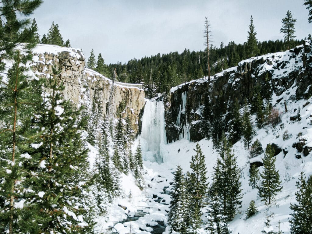 Frozen Tumalo Falls in the winter.