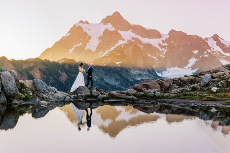 Bride and groom have a sunrise ceremony at Artist Point in Washington.